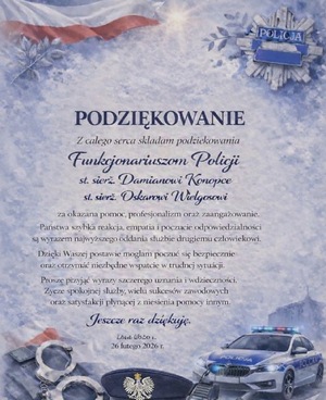 list z podziękowaniami dla funcjonariuszy