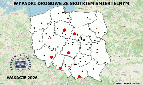 Mapa Polski z zaznaczonymi punktami, gdzie doszło do zdarzenia drogowego.