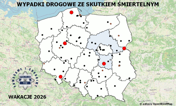 Mapa Polski z zaznaczonymi wypadkami drogowymi ze skutkiem śmiertelnym