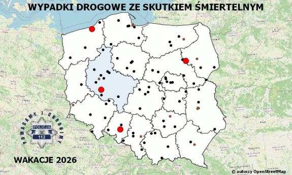 Mapa z zaznacznymi miejscami gdzie doszło do wypadków drogowych ze skutkiem śmiertelnym.