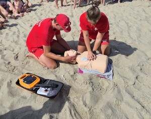 Sześć zdjęć przedstawiających działania na plaży - policjant w grantantowym mundurze, strażak w mundurze i przedstawiciele Wodnego Ochotniczego Pogotowia Rarunkowego, w tle dzieci i namiot profilaktyczny,